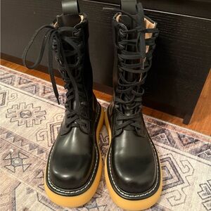 Bottega Veneta Black Leather Combat Boots with Yellow Soles